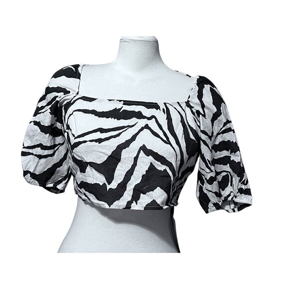 Halara Square Neck Puff Sleeve Backless Zebra Stripe Print Crop Top Sz Small Lin - Picture 2 of 14